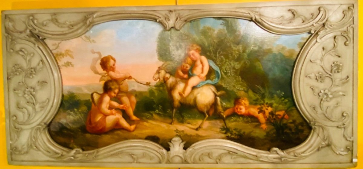 Scène De Bacchanale Aux Putti, Peinture De Boiserie Du XIX Eme Siècle-photo-2