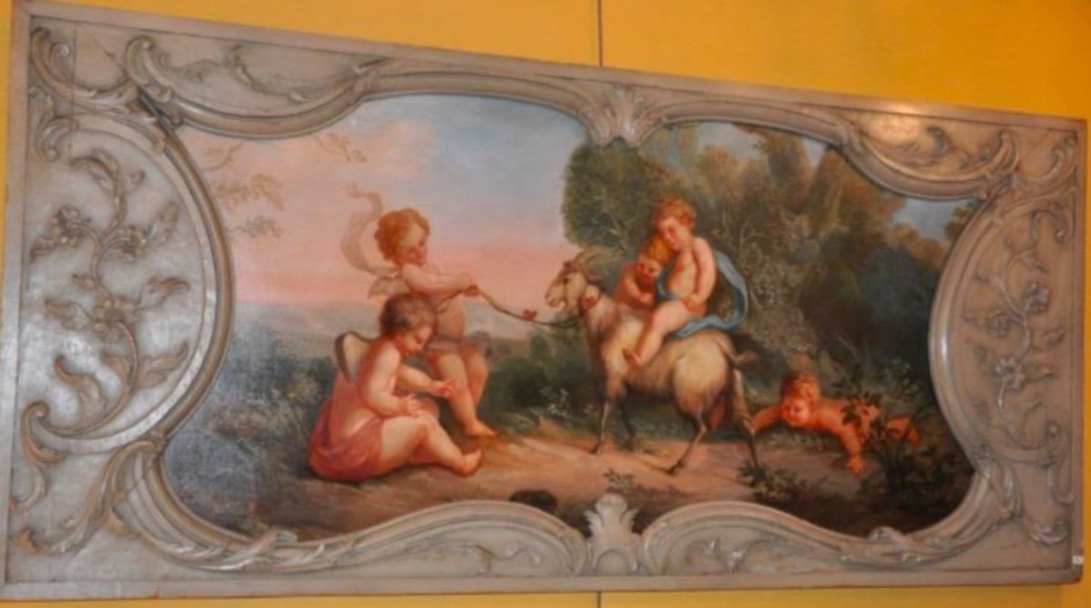 Scène De Bacchanale Aux Putti, Peinture De Boiserie Du XIX Eme Siècle-photo-3