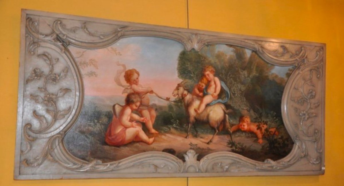 Scène De Bacchanale Aux Putti, Peinture De Boiserie Du XIX Eme Siècle-photo-4