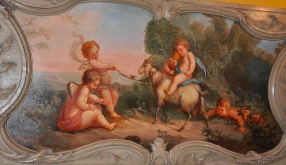 Scène De Bacchanale Aux Putti, Peinture De Boiserie Du XIX Eme Siècle-photo-1