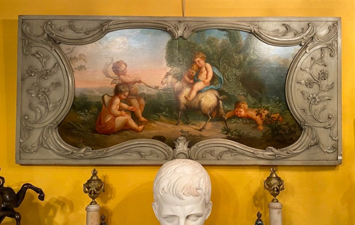 Scène De Bacchanale Aux Putti, Peinture De Boiserie Du XIX Eme Siècle-photo-2