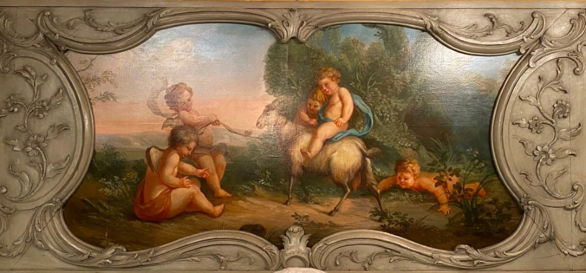 Scène De Bacchanale Aux Putti, Peinture De Boiserie Du XIX Eme Siècle-photo-3