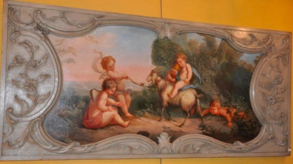 Scène De Bacchanale Aux Putti, Peinture De Boiserie Du XIX Eme Siècle-photo-5