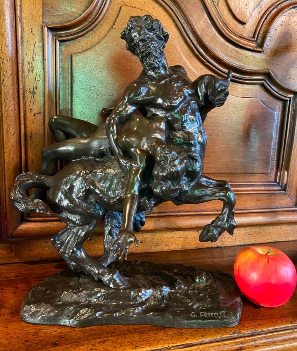 Mythological Bronze: The Abduction Of Dejanira By The Centaur Nessus, Signed Ferrari-photo-2