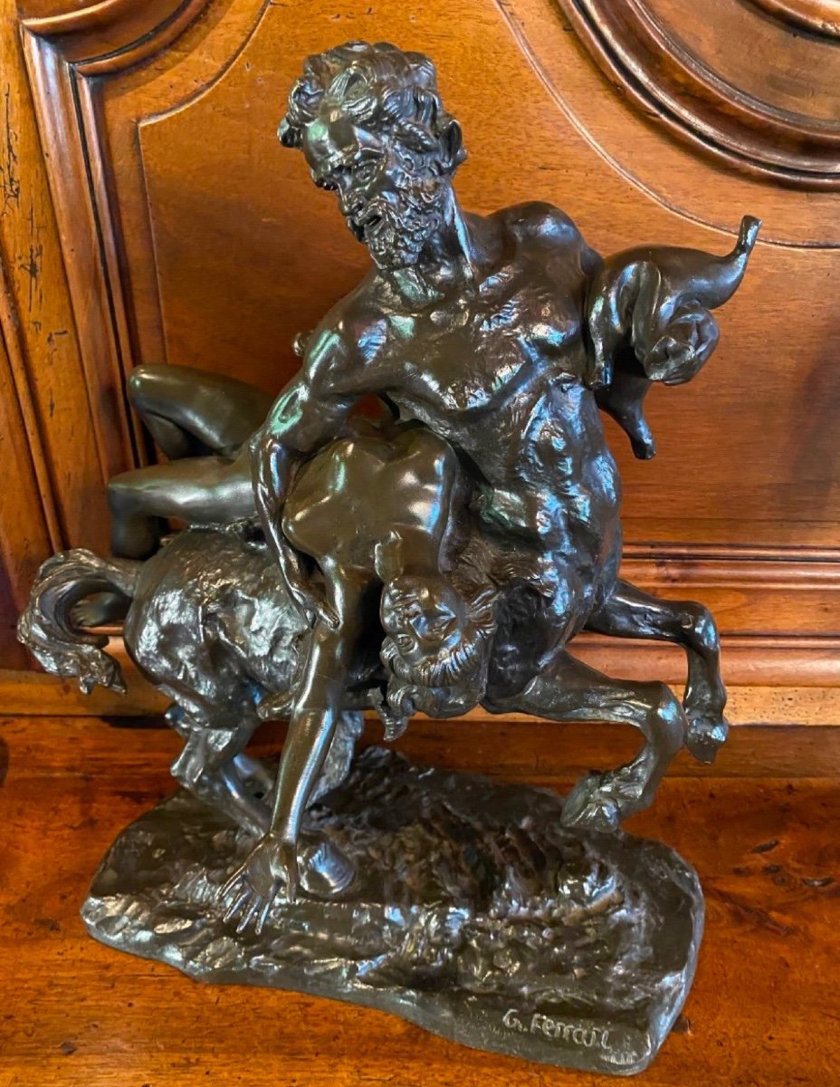 Mythological Bronze: The Abduction Of Dejanira By The Centaur Nessus, Signed Ferrari-photo-5