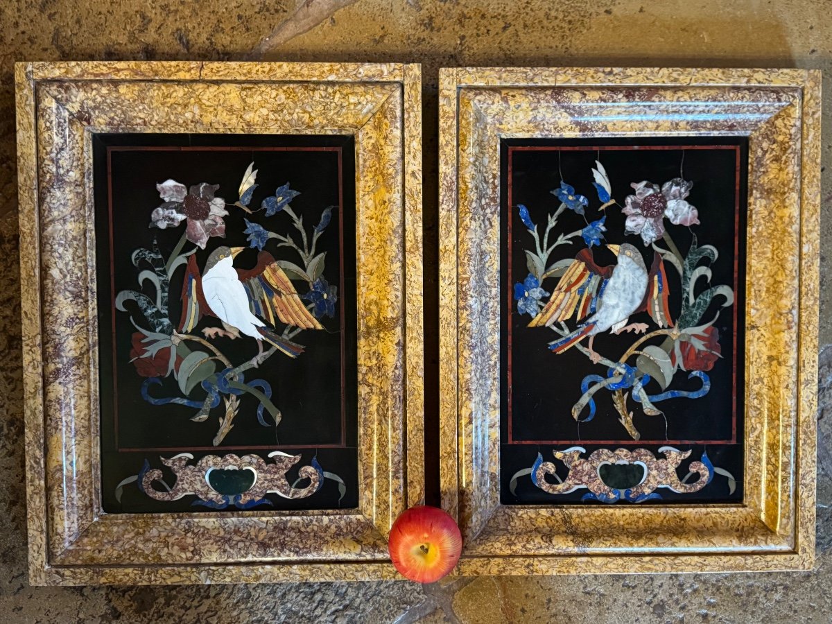 Imposing Pair Of Marble Marquetry Paintings, 19th Century -photo-2