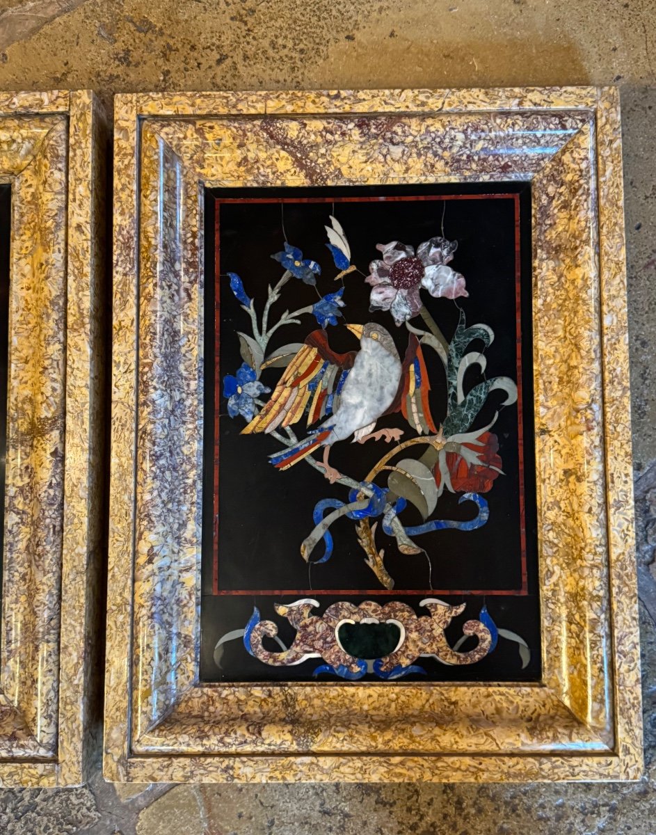 Imposing Pair Of Marble Marquetry Paintings, 19th Century -photo-3