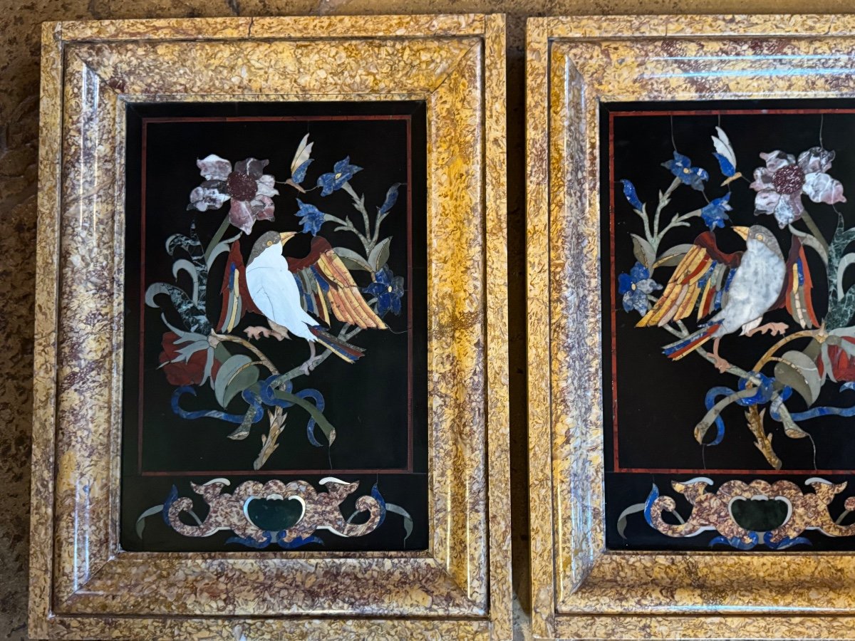 Imposing Pair Of Marble Marquetry Paintings, 19th Century -photo-3