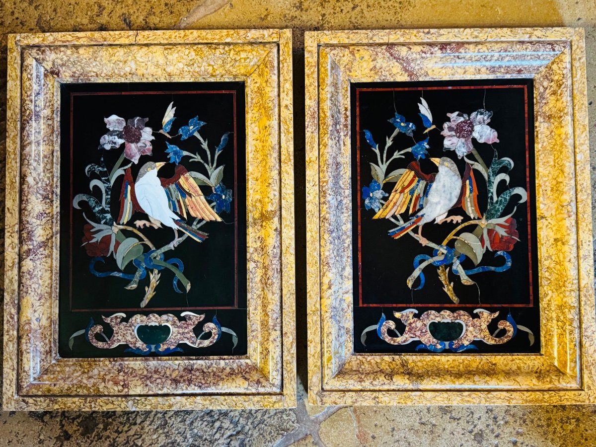 Imposing Pair Of Marble Marquetry Paintings, 19th Century 