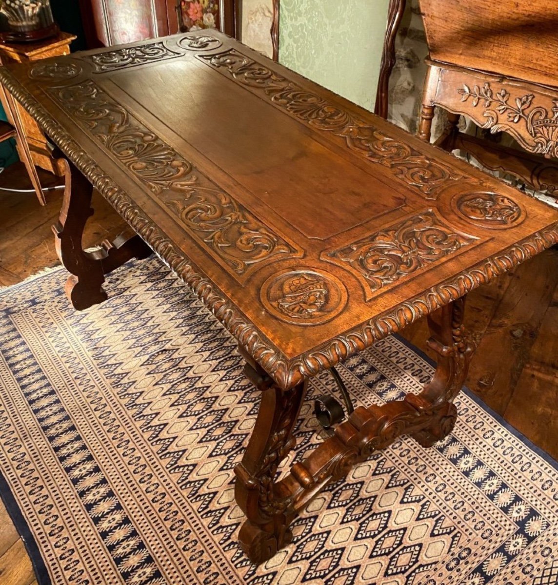 Renaissance Style Carved Walnut Table Forming A Desk -photo-4