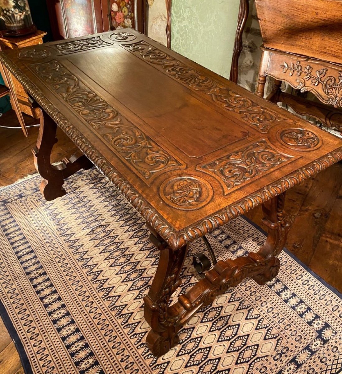 Renaissance Style Carved Walnut Table Forming A Desk -photo-8