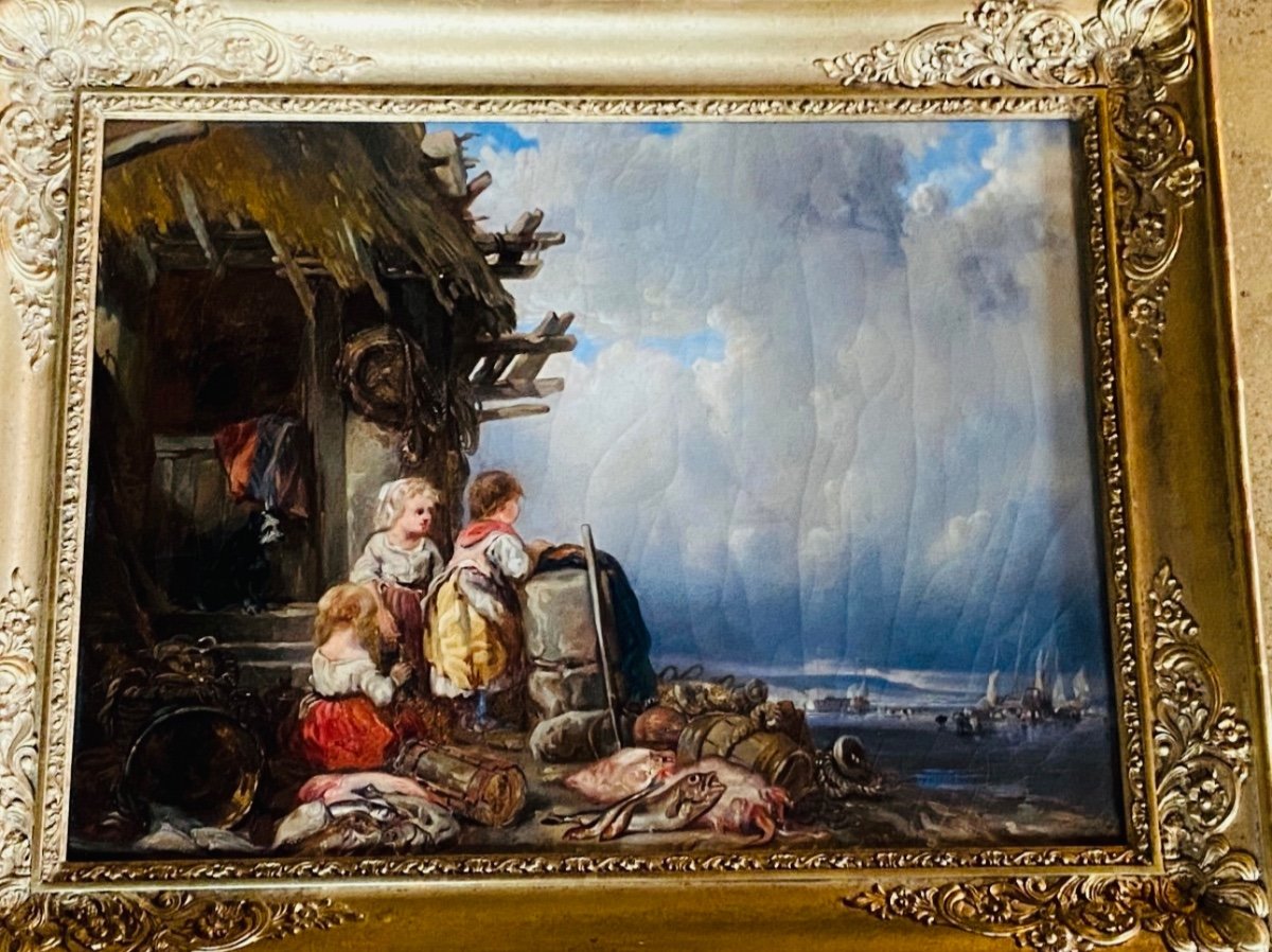 Huile Sur Toile, Petites Filles Au Retour De Pêche, En Bord De Mer -photo-2