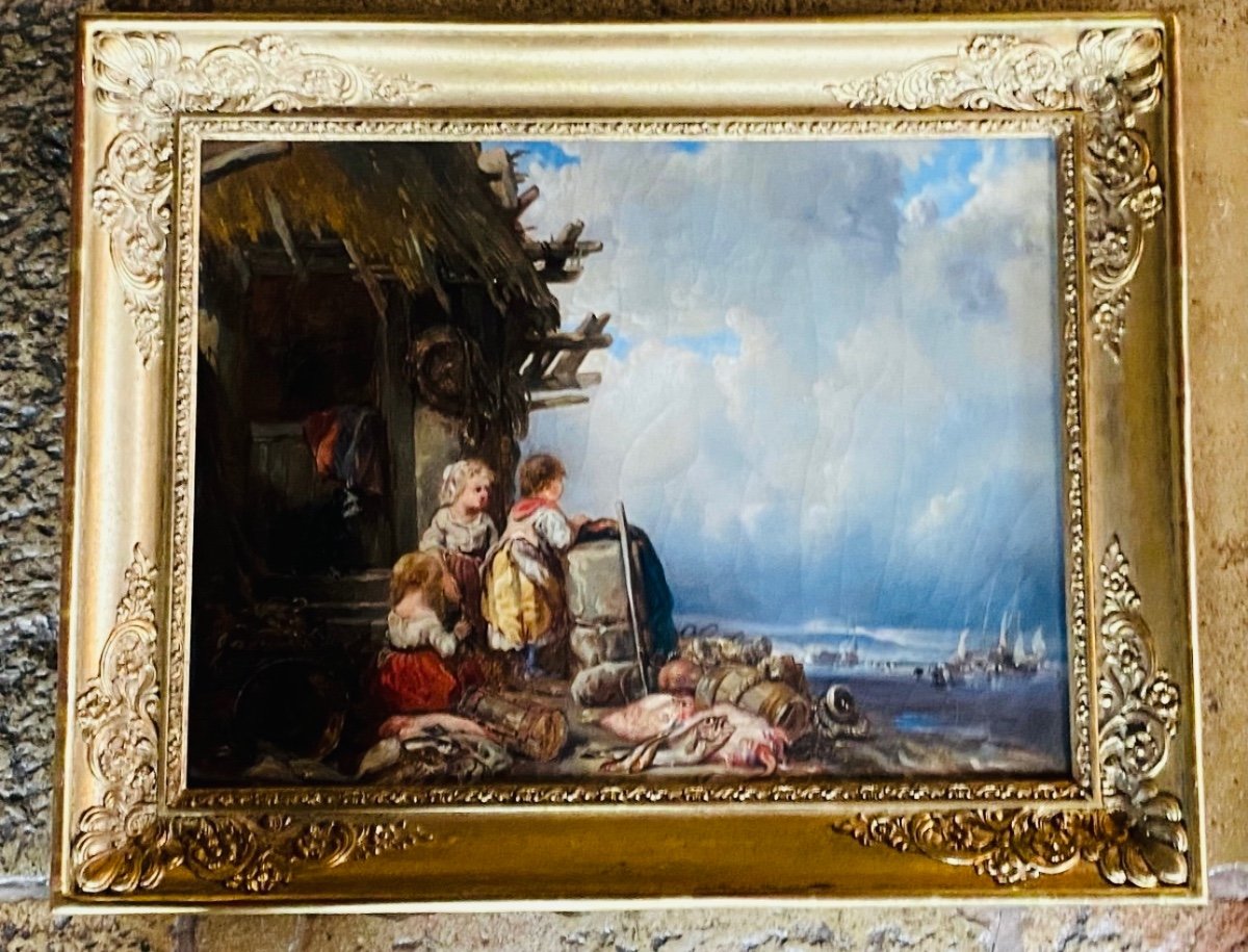 Huile Sur Toile, Petites Filles Au Retour De Pêche, En Bord De Mer -photo-4