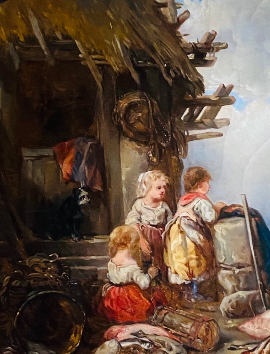 Huile Sur Toile, Petites Filles Au Retour De Pêche, En Bord De Mer -photo-4