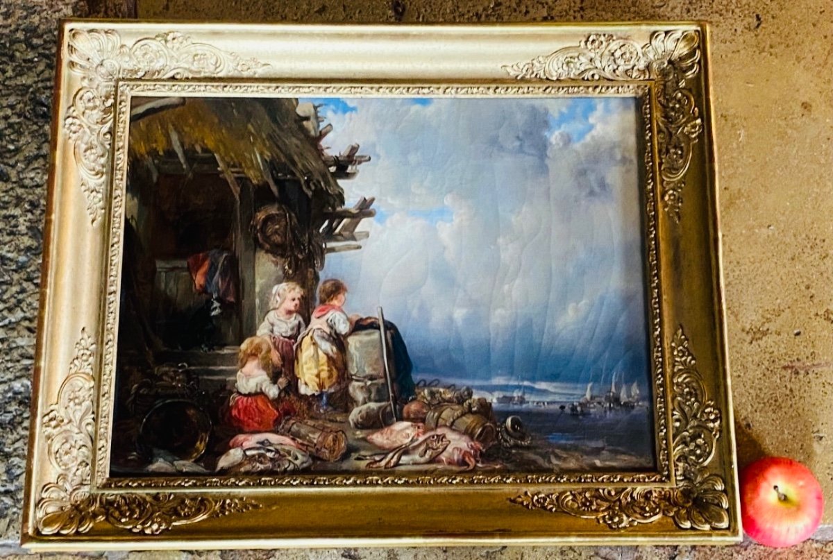 Huile Sur Toile, Petites Filles Au Retour De Pêche, En Bord De Mer 