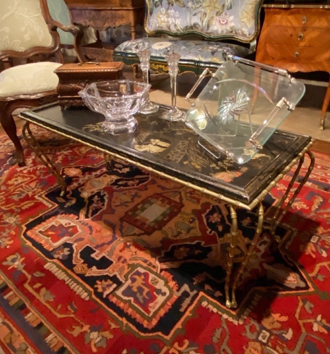 Coffee Table Attributed To Rings With Chinese Lacquer Top And Bamboo Base-photo-3