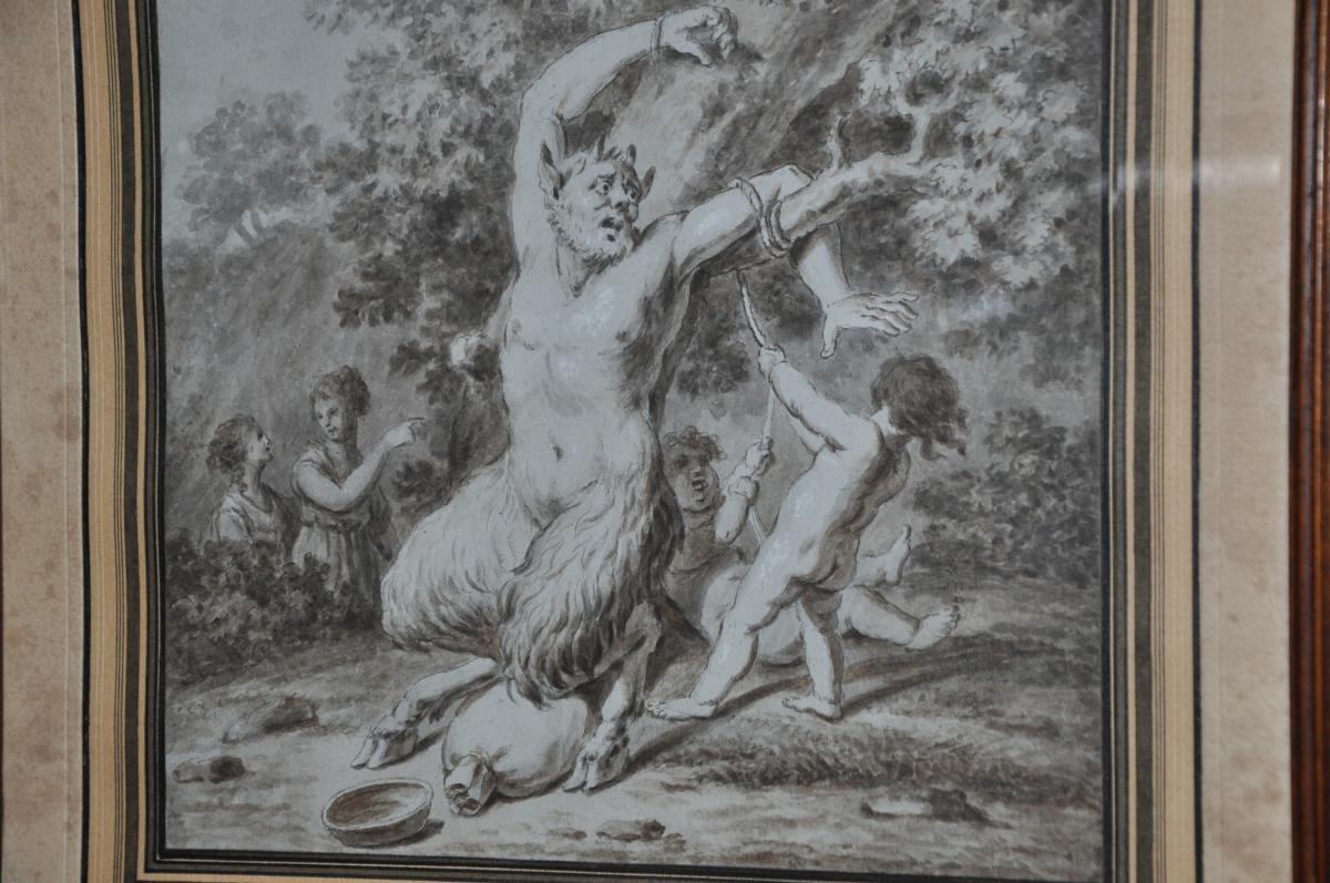 Sepia Drawing From The XVIII Century: Satyr Linked By Two Putti-photo-4