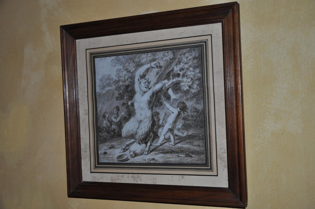 Sepia Drawing From The XVIII Century: Satyr Linked By Two Putti-photo-3