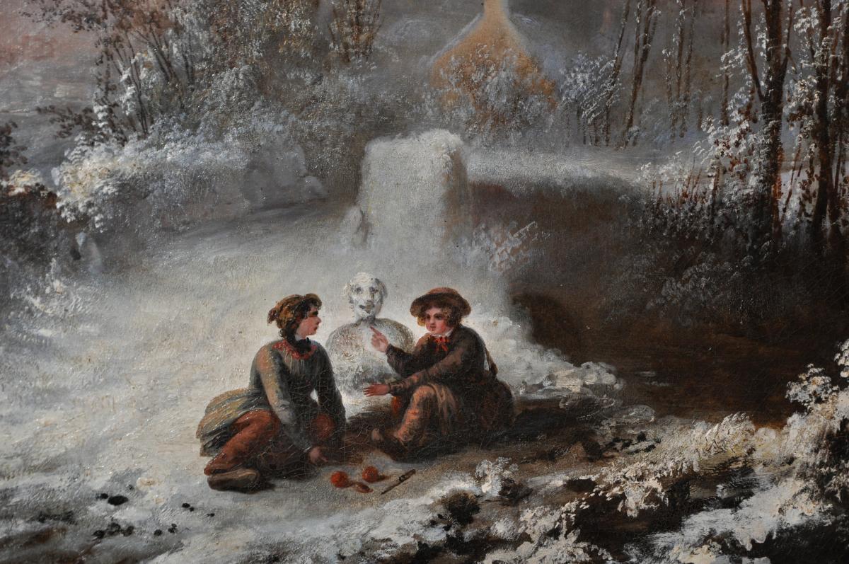 Large Oil On Canvas Of The Nineteenth Century: Children To The Snowman-photo-3