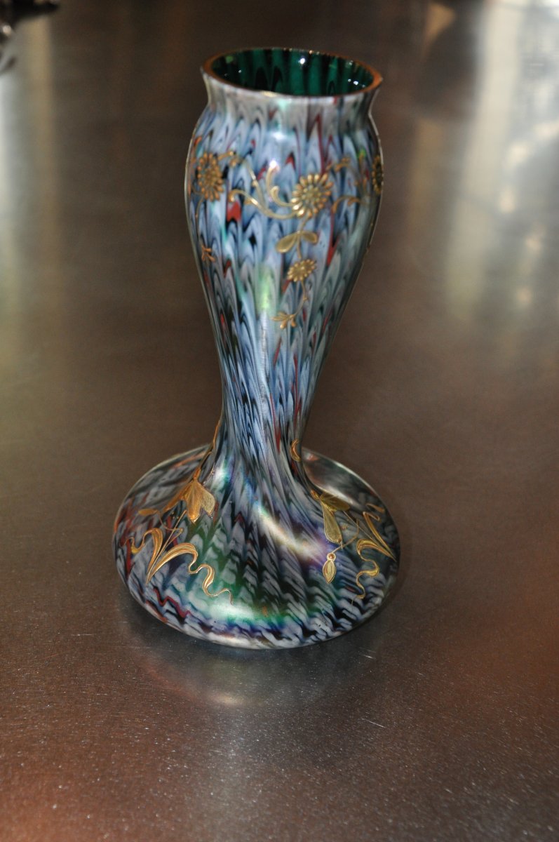 Vase Torsadé Iridescent Art Nouveau Par Rindskopf Glass Début Du XXe Siècle-photo-2