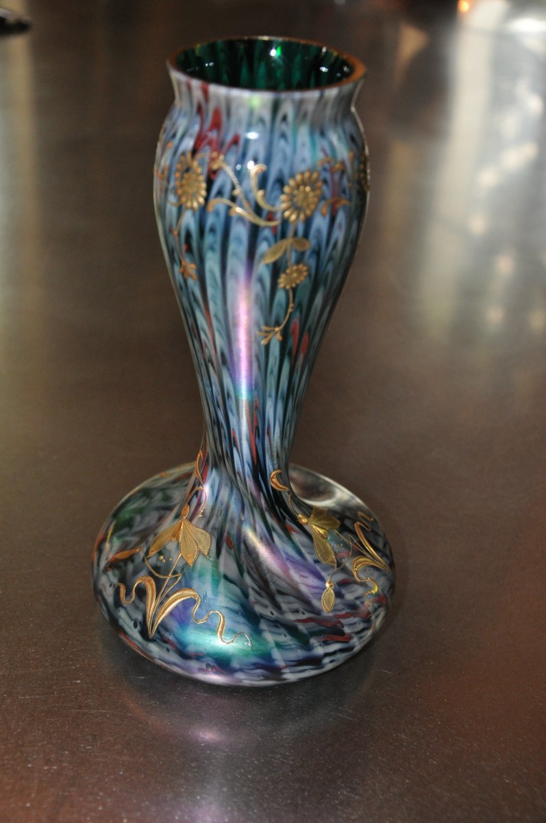 Vase Torsadé Iridescent Art Nouveau Par Rindskopf Glass Début Du XXe Siècle-photo-3