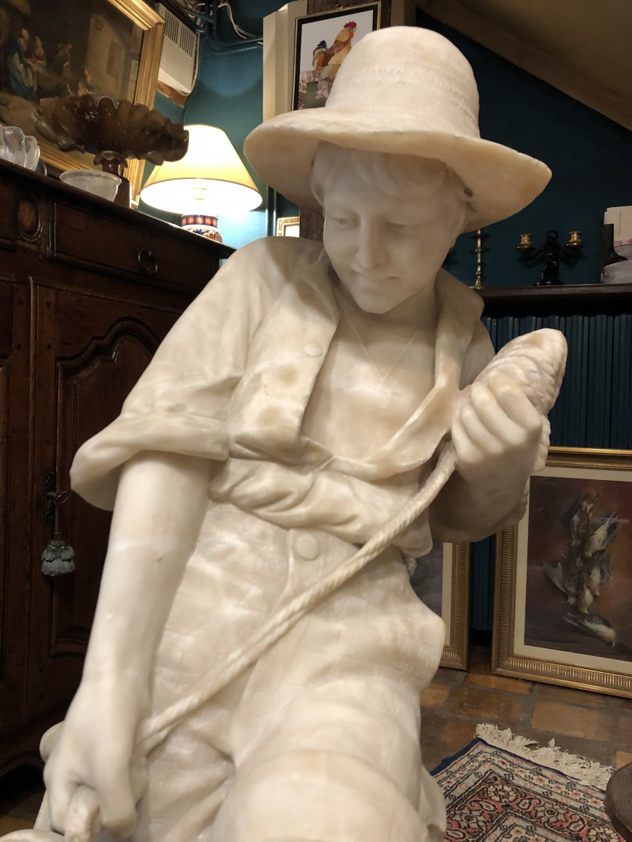 Young Fisherman Au Filet, Great Alabaster Sculpture From The Nineteenth Century-photo-2