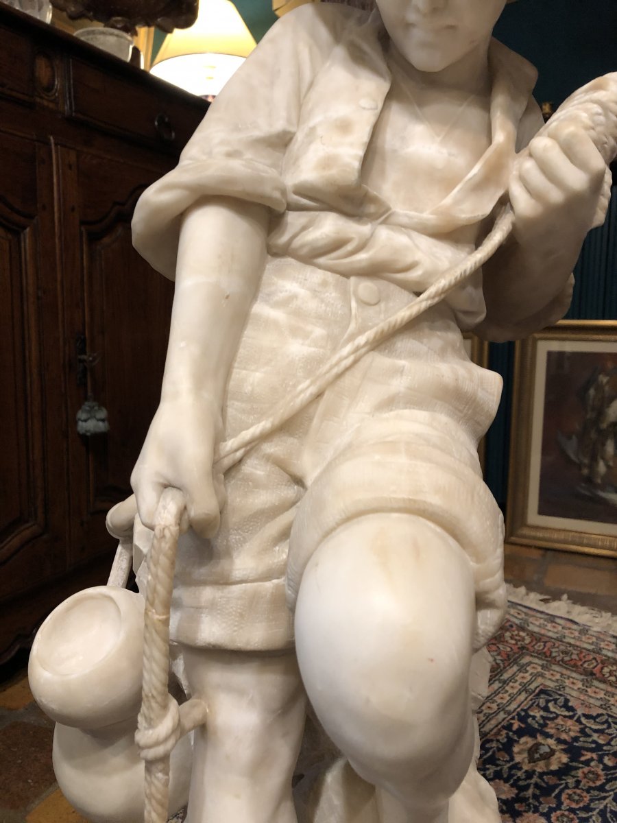 Young Fisherman Au Filet, Great Alabaster Sculpture From The Nineteenth Century-photo-3