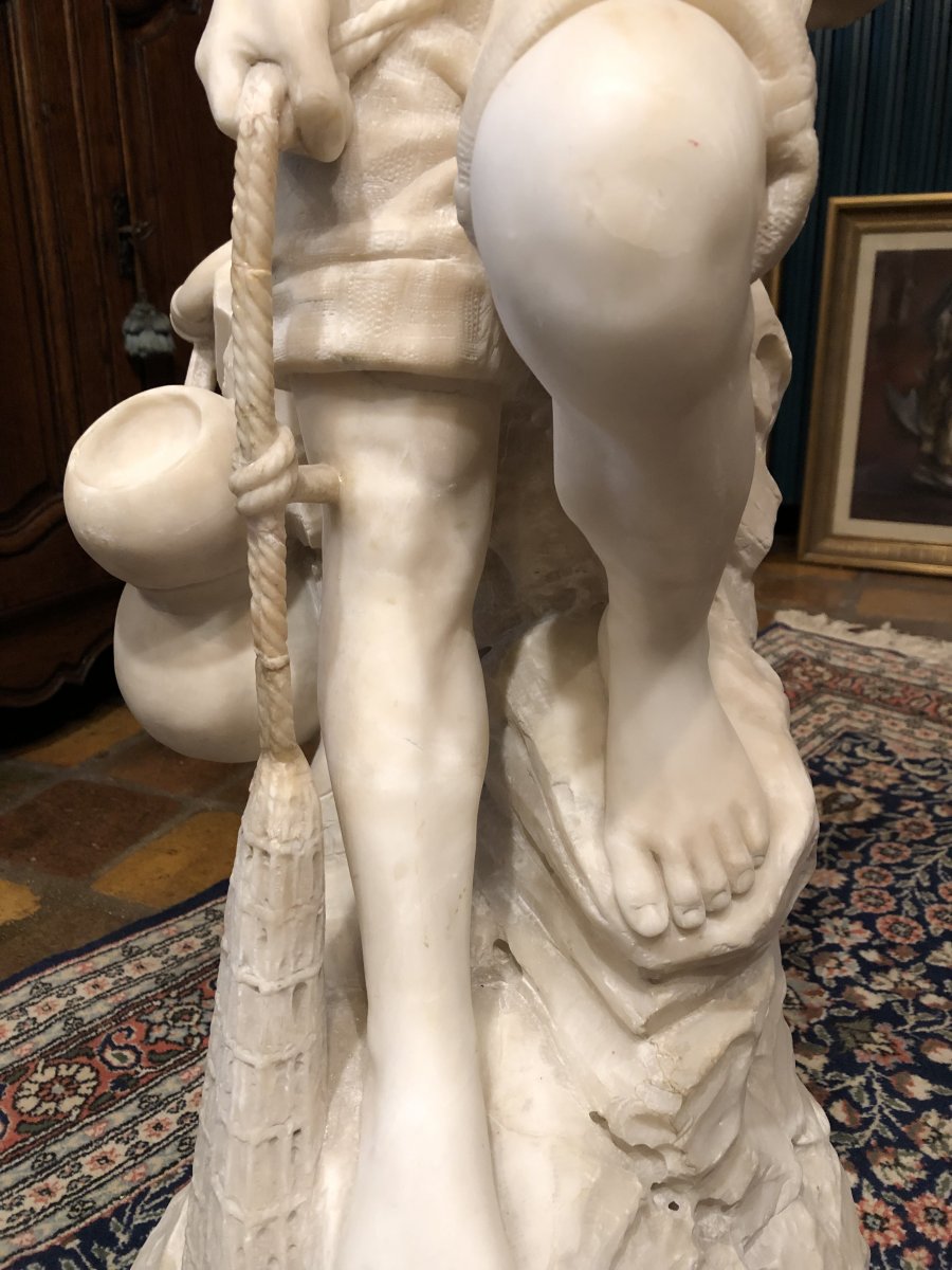 Young Fisherman Au Filet, Great Alabaster Sculpture From The Nineteenth Century-photo-4