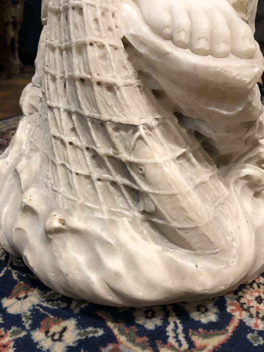 Young Fisherman Au Filet, Great Alabaster Sculpture From The Nineteenth Century-photo-3