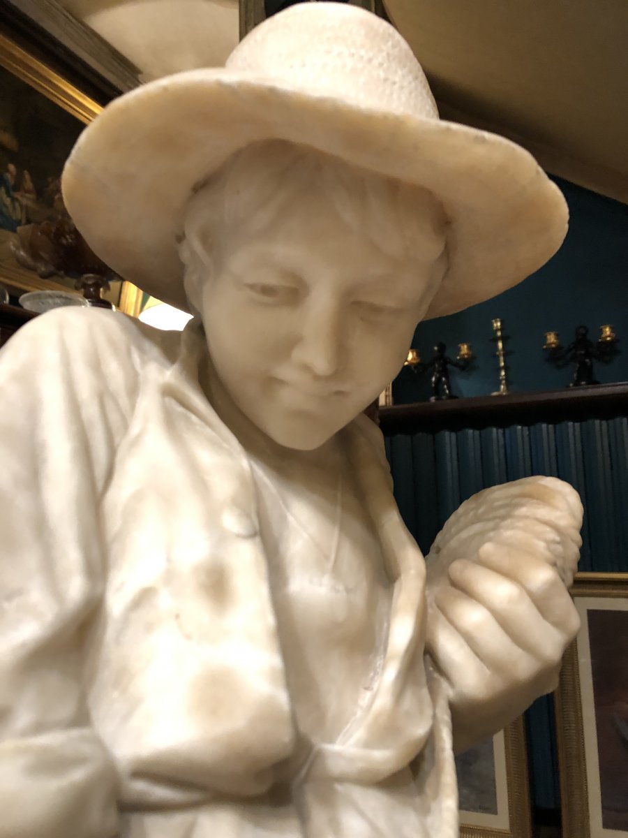 Young Fisherman Au Filet, Great Alabaster Sculpture From The Nineteenth Century-photo-5