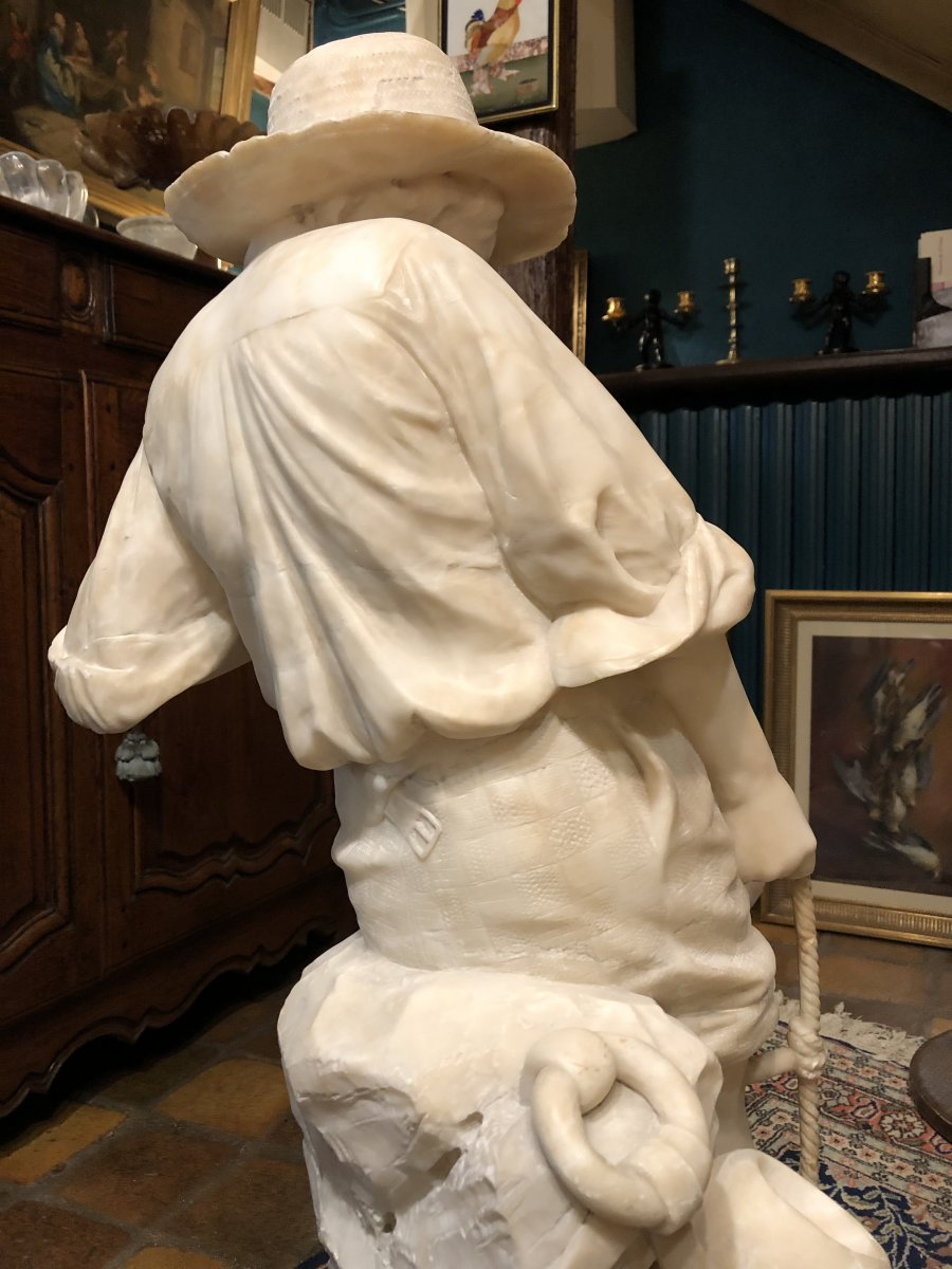 Young Fisherman Au Filet, Great Alabaster Sculpture From The Nineteenth Century-photo-6