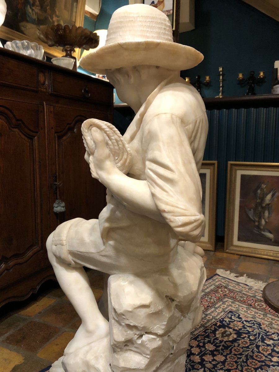 Young Fisherman Au Filet, Great Alabaster Sculpture From The Nineteenth Century-photo-7