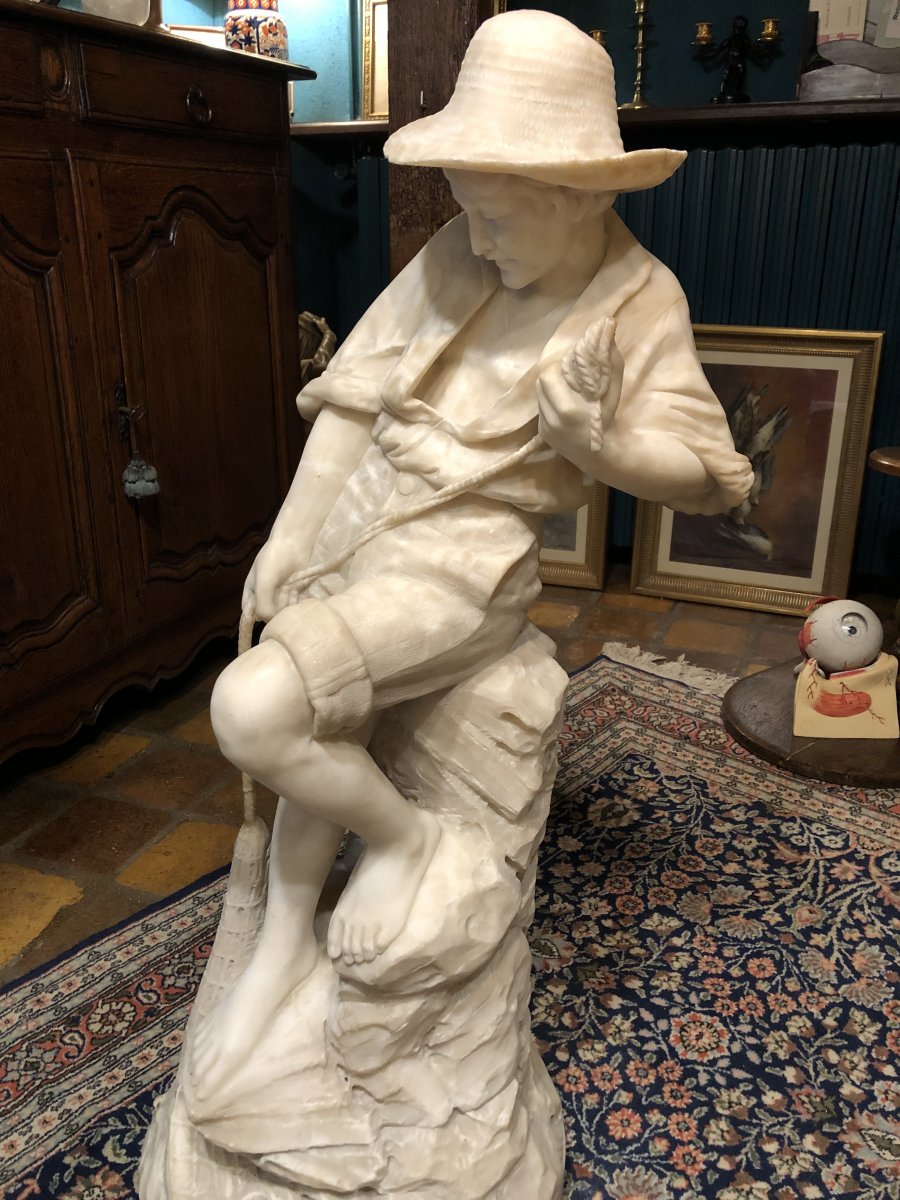 Young Fisherman Au Filet, Great Alabaster Sculpture From The Nineteenth Century-photo-8