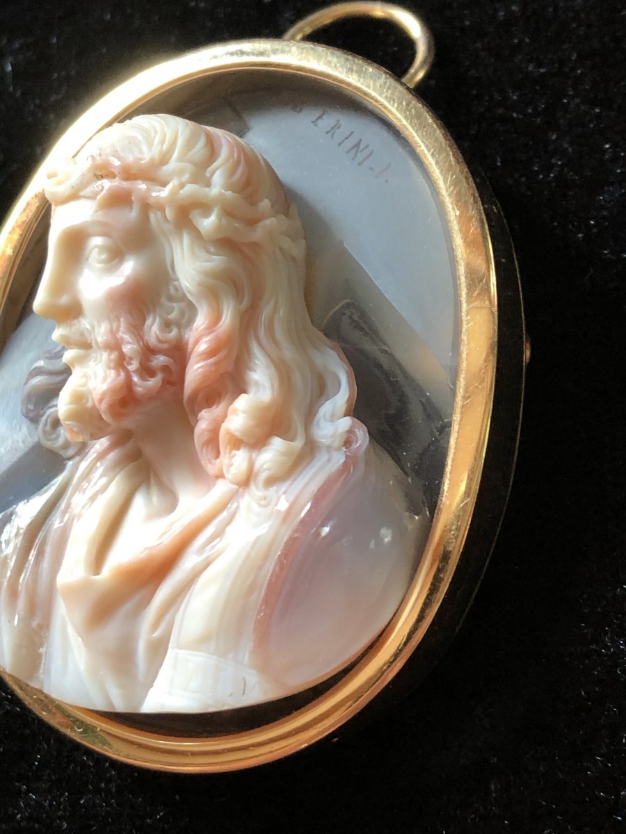 Antonio Berini, Camée En Agate XIXe, Profil Du Christ -photo-4