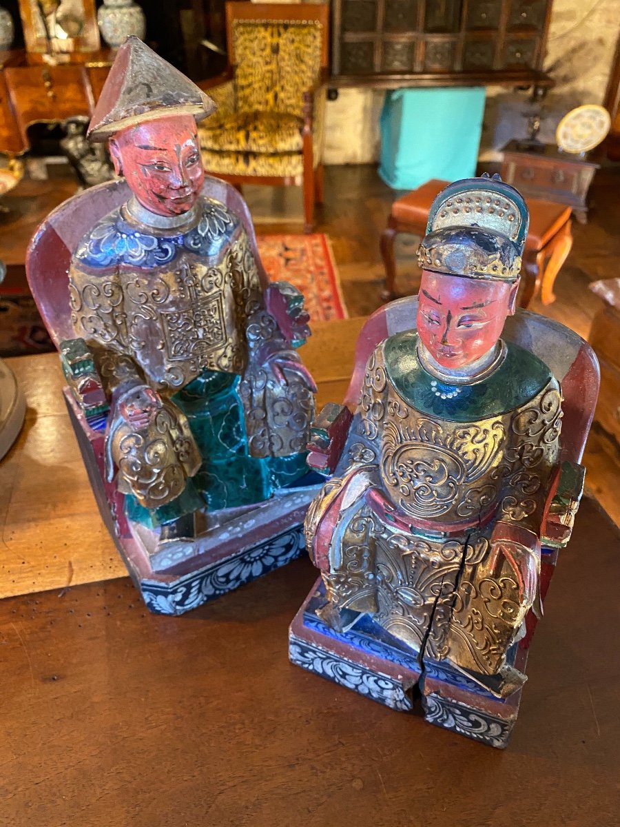 Couple De Dignitaires Chinois En Bois Polychrome Début Du XX Eme Siècle -photo-3