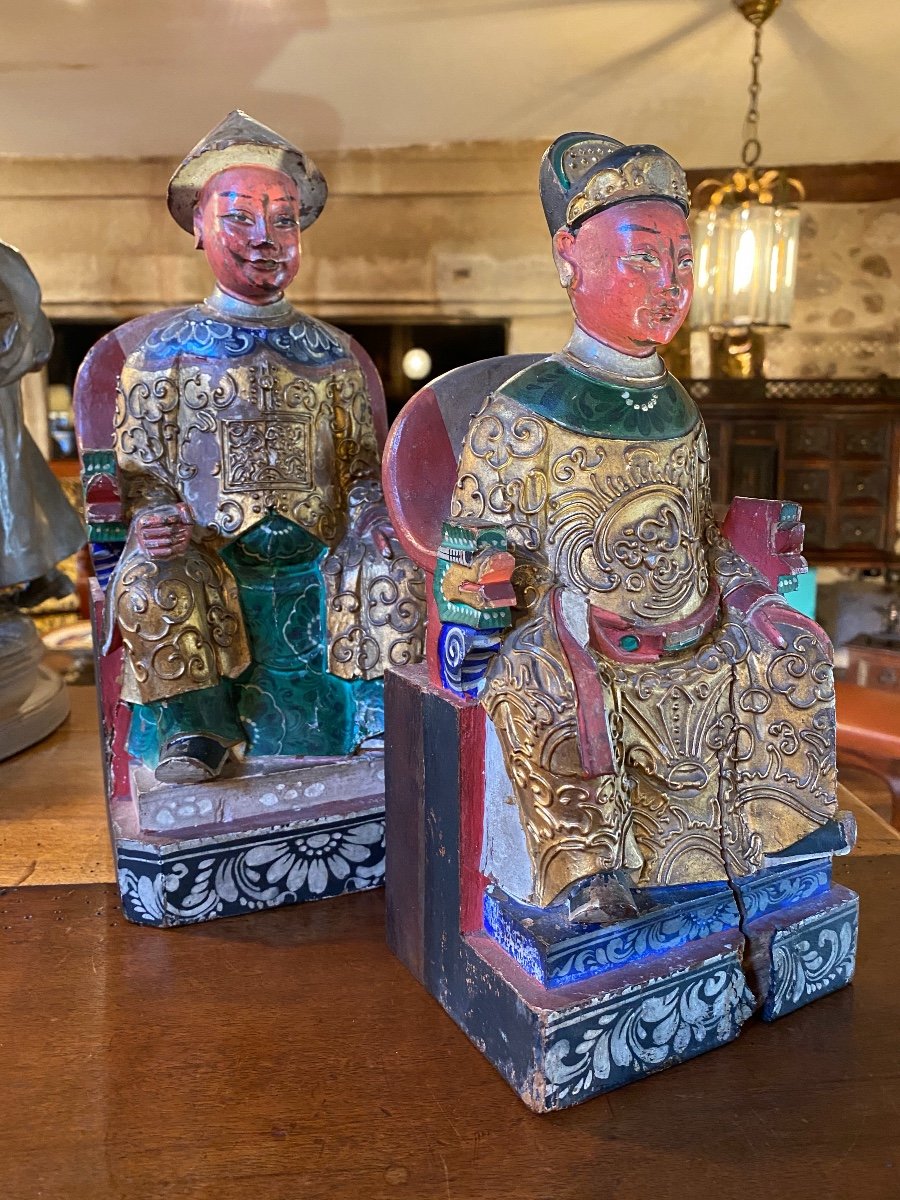 Couple De Dignitaires Chinois En Bois Polychrome Début Du XX Eme Siècle -photo-4