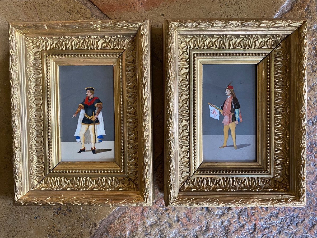 Pair Of Marble Marquetry Paintings, Troubadour Style, Florence, End Of XIX Eme Century-photo-4