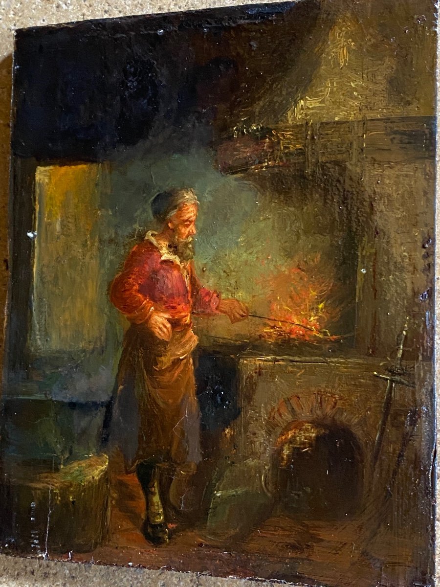 The Blacksmith, Oil On Oak Panel From The End Of  The XIX Eme Century-photo-3