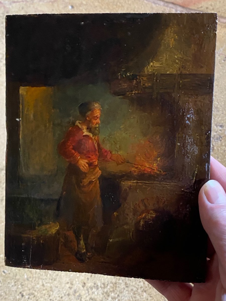 The Blacksmith, Oil On Oak Panel From The End Of  The XIX Eme Century