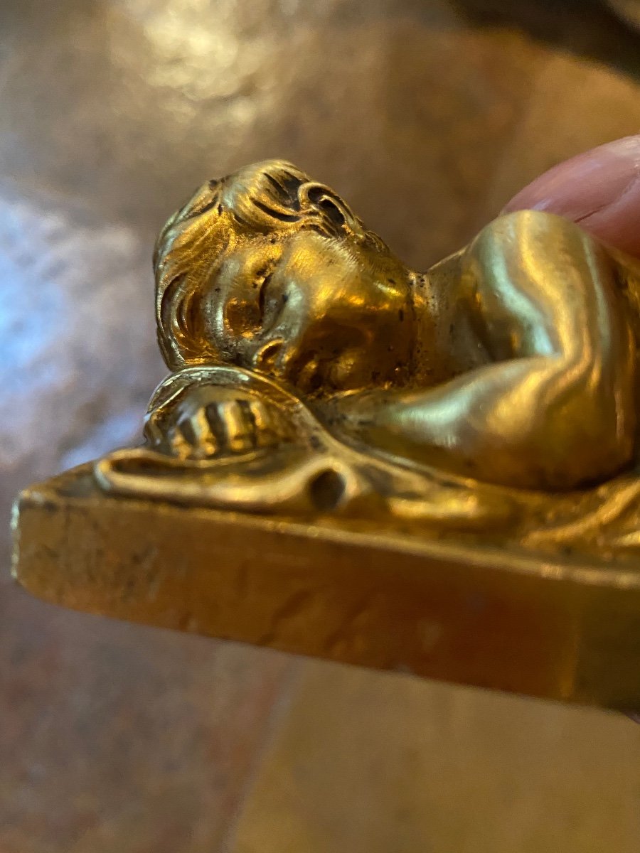 Jeune Enfant Endormi Bronze Doré Du XIX Eme Siècle Dans L’esprit De Duquesnoy-photo-5