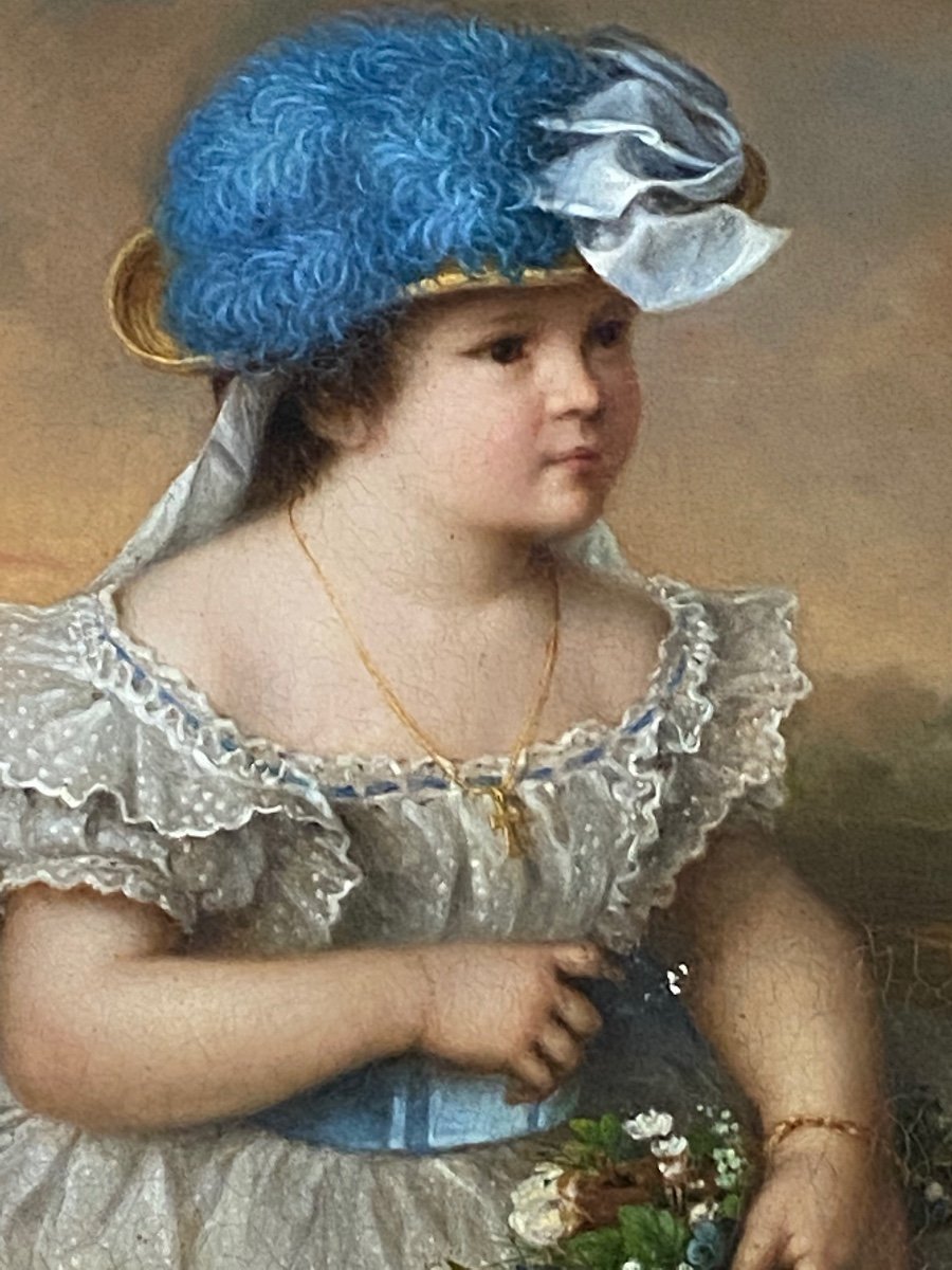 Grand Portrait Romantique D’une Petite Fille XIX Eme Siècle -photo-2