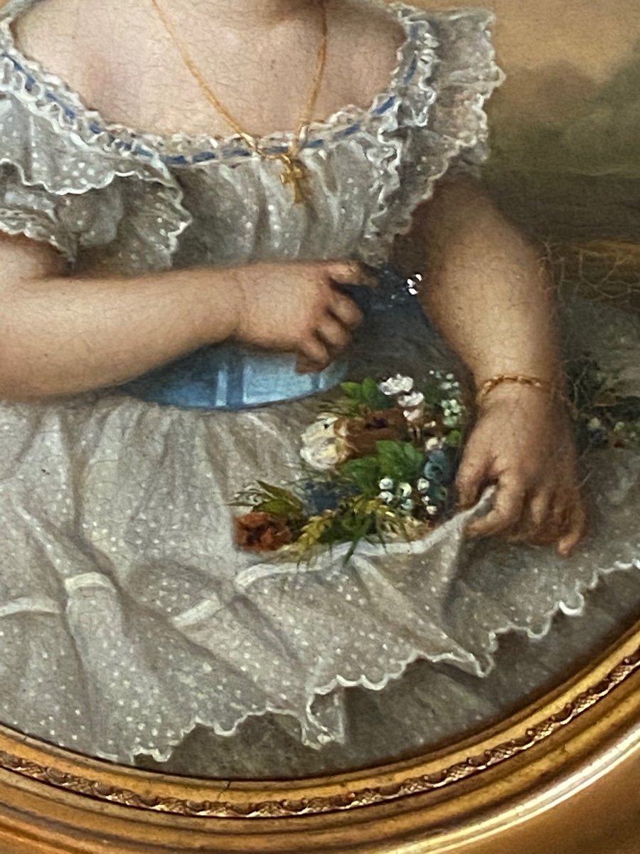 Grand Portrait Romantique D’une Petite Fille XIX Eme Siècle -photo-4