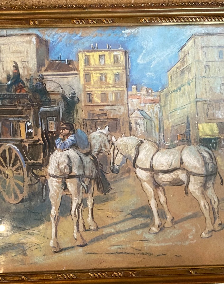 The Place Pigalle Omnibus At The Beginning Of The 20th Century By Bertrand Rasmussen, Enhanced Gouache-photo-2