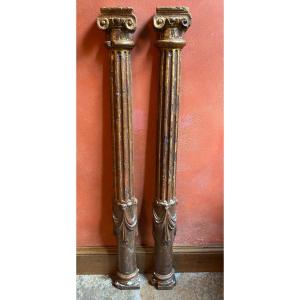 Pair Of Ionic Columns In Golden Wood From The XVI Eme Century