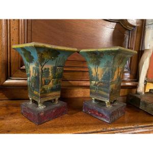 Pair Of Romantic Mini Vases In Painted Sheet Metal From The XIX Eme Century