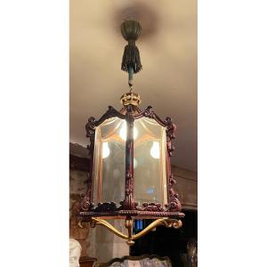 Large Neo Baroque Hexagonal Lantern In Carved Wood "