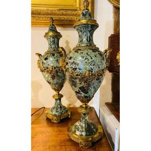Large Pair Of Vases Mounted In Sea Green Marble From The Napoleon III Period.