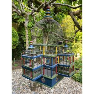 Grande Cage à Oiseaux Pagode Colorée Début Du XX Eme Siècle 