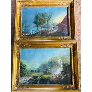 Large Pair Of Italian Gouaches, Animated Swiss Landscapes