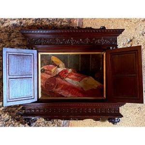 Rare Tableau à Secret, Le Pape Pie IX sur son lit de Mort en 1878, Signé Joseph Wencker